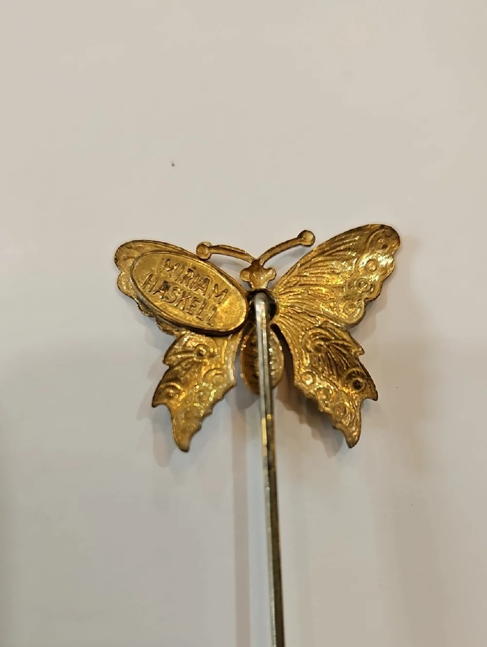 Miriam Haskell Signed Gold Tone Butterfly Hat Pin with Floral Accent Vtg 30s-70s